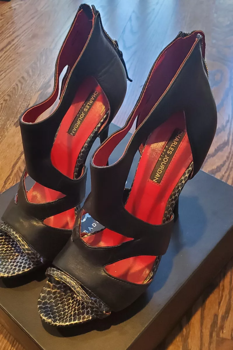 Nice CHARLES JOURDAN PARIS Black Leather Open Toe High 5