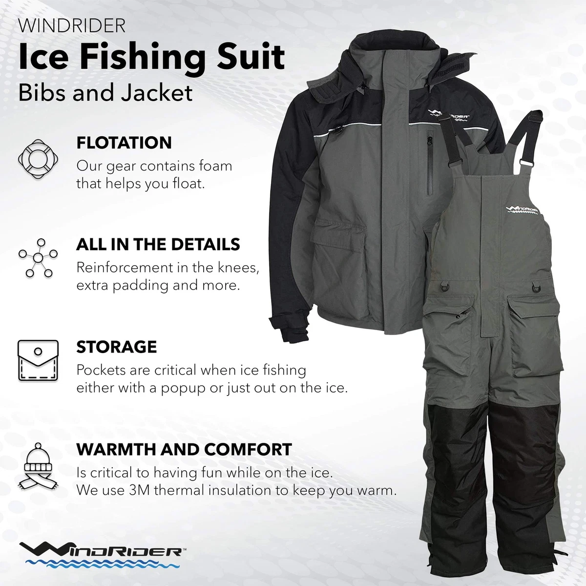 Ice Fishing Suit Insulated Bibs & Jacket Flotation Tons of Pockets