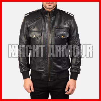 Mens Black Leather Bomber Jacket Pure Lambskin Leather