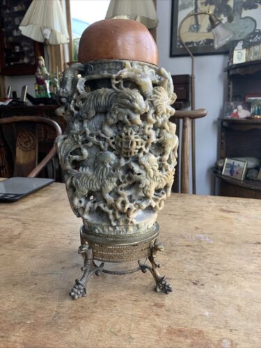 Antique Vintage Intricate Hand Carved Chinese Soapstone Vase Lion Dragon Phoenix