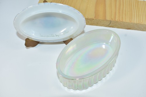 FENTON VINTAGE KUNST GLAS MATT WEISS OVAL GERIPPT SCHMUCKKÄSTCHEN MIT BLUMEN - Bild 7 von 11