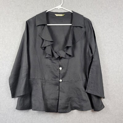 Chalet 100% Linen Black Lagenlook 3/4 Sleeve Ruffled Button Up Shirt Women's XL
