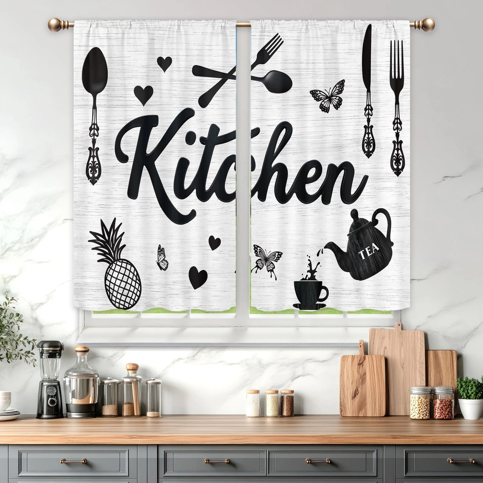 Black and White Kitchen Curtains for Bedroom 27.5Wx39H Inch Rod Pocket Farmho...