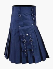 Men's Traditional Scottish Fashion Utility Kilt in Navy Blue Cargo Pocket Kilt