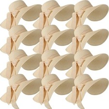 12 PCS Women's Wide Brim Straw Hats Sun Hat Panama Fedora Beige Floppy