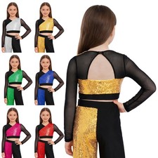 Kids Girls Dance Crop Top Mesh Long Sleeve Cutout Back Color Block Sparkly Shirt