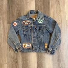 Vintage 80s kids Levi  s blue denim orange tab snap jacket vintage patches s 12