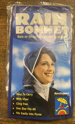 RainStoppers Clear Plastic Rain Bonnet One Size Cling Free With Visor
