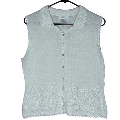 XXist VTG Sleeveless Knit Top Pearls Embellished Button Down Vest XL Crochet