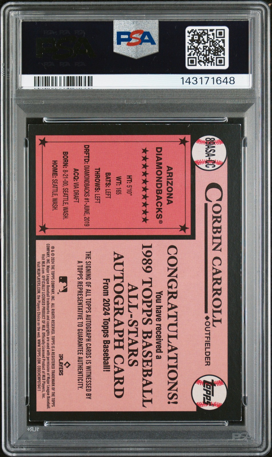 2024 TOPPS 1989 BASEBALL ALL-STAR AUTO CORBIN CARROLL 1/1 PSA 6 AUTO 10 view 2
