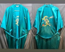 Vintage Golden Chinese Dragon Silk Robe Hand Embroidery Jade Green Women's XL