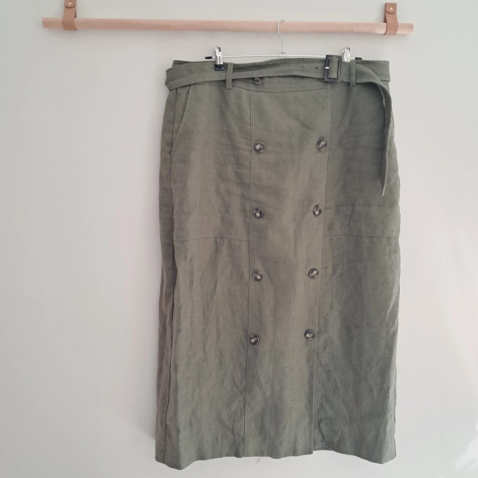 Witchery Linen Skirt Size 16 Khaki Button Up Waist Tie Belt Knee Length
