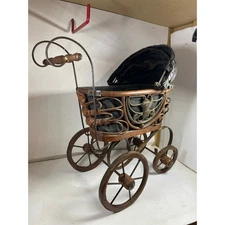 Vintage Victorian Baby Doll Stroller Brown Wicker Wood & Metal Carriage