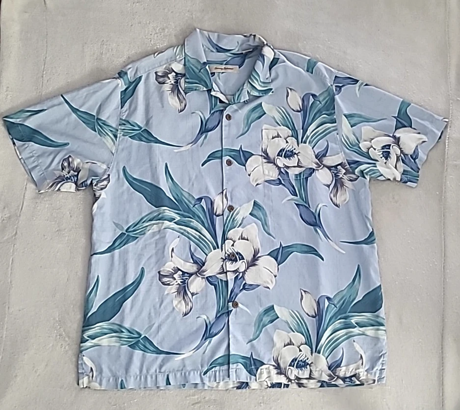 Tommy Bahama Silk Hawaiian Shirt Men XL Blue Floral Camp Short Sleeve Travel