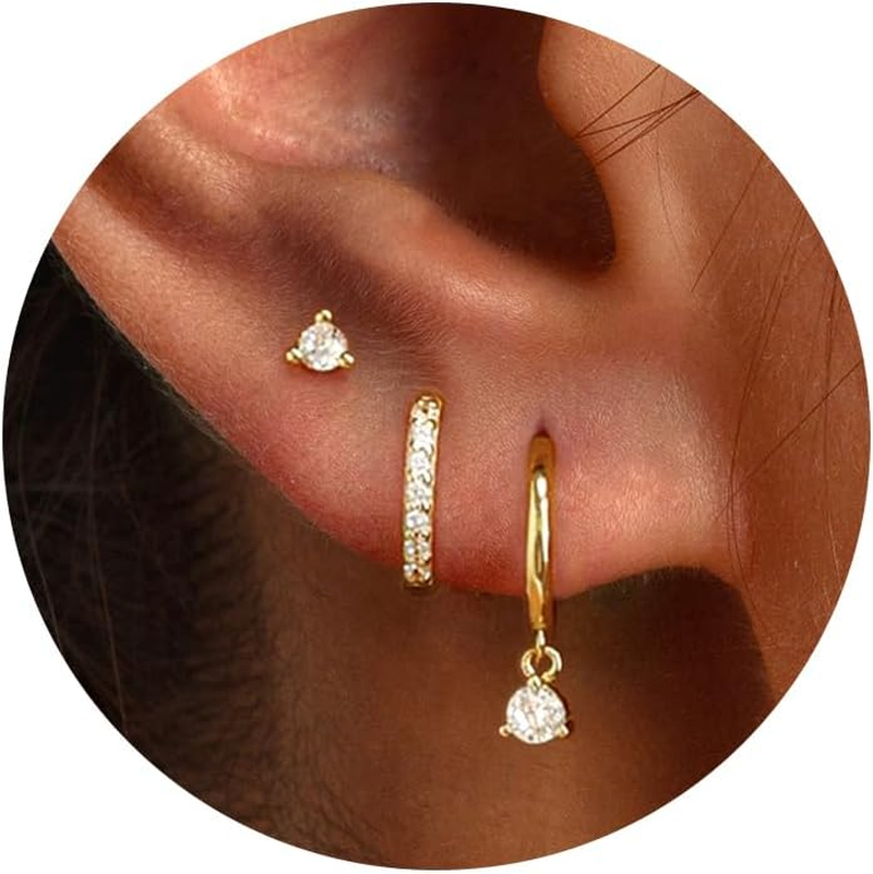 3 Pairs Gold Hoop Earrings Set: Dainty Stud Earrings Trendy Small 14K Gold Plate