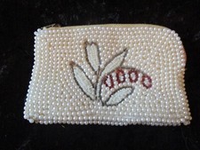 Vintage 1950's Faux Pearl, Bugle Seed Beaded Change Purse with Floral Design