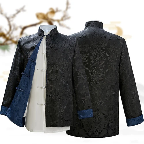 Abbigliamento Tradizionale Cinese Reversibile Uomo Tuta Tang Top Stampa Seta Giacca Cappotto - Foto 10 di 30