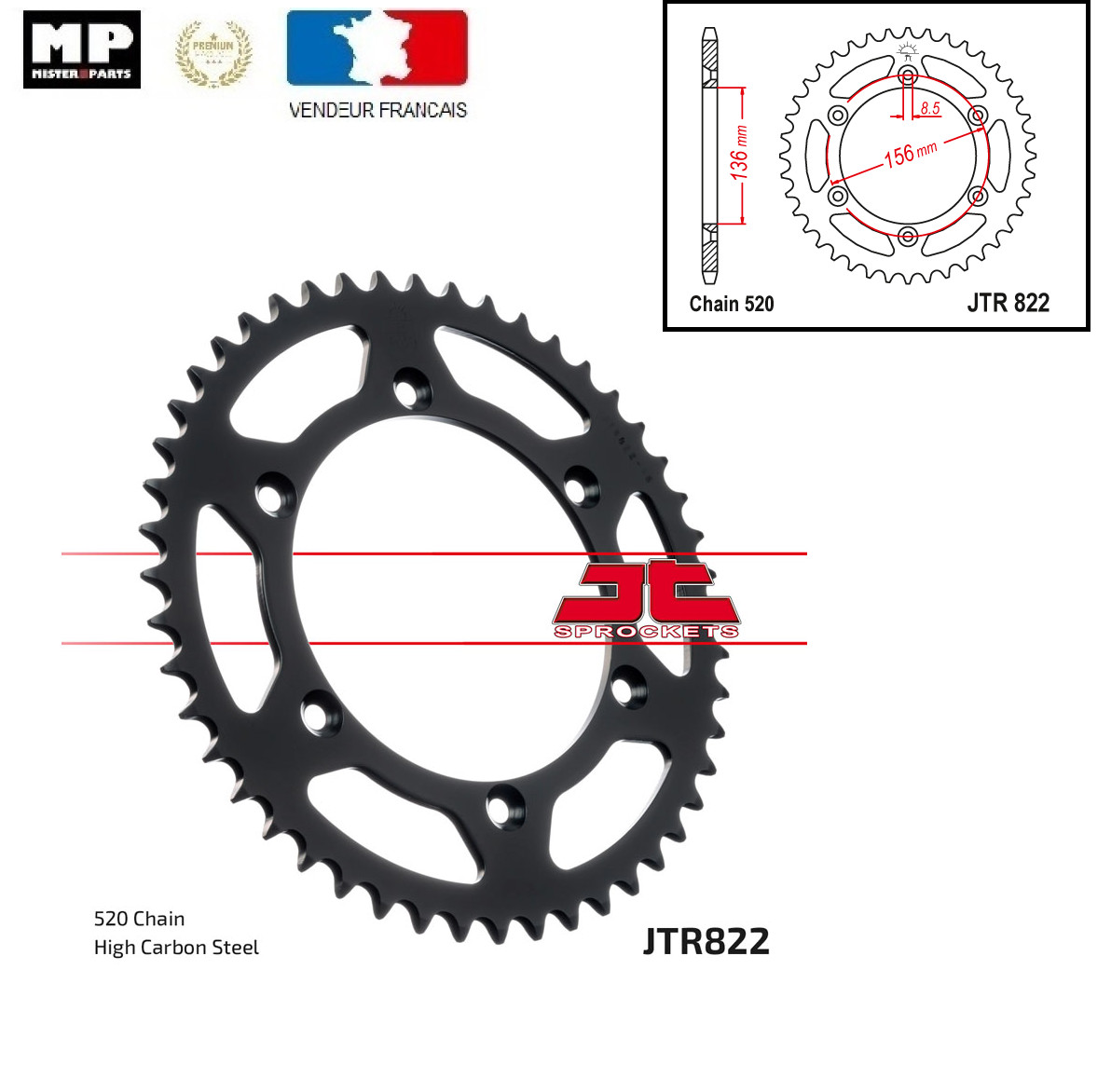 Couronne en acier usiné 44 dents Husqvarna WR TE 360 400 longévité maximale