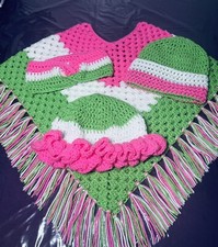 HANDMADE CROCHET TODDLER SWEATER PONCHO W/ MATCHING HEAD ACCESSORIES