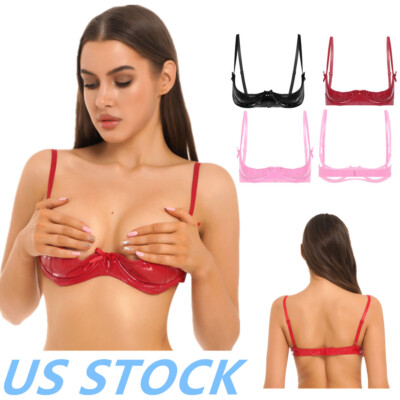US Womens PVC Leather 1/4 Cups Bra Tops Open Cup Push Up Underwired Brassiere
