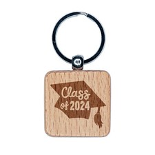 Class of 2024 Written on Graduation Cap Engraved Wood Square Keychain Tag Charm