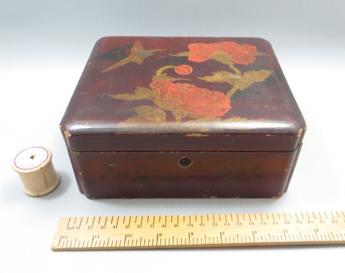 Caja japonesa lacada vintage - roja/borgoña - pájaro y flores 17x19,5 cm - Imagen 12 de 13