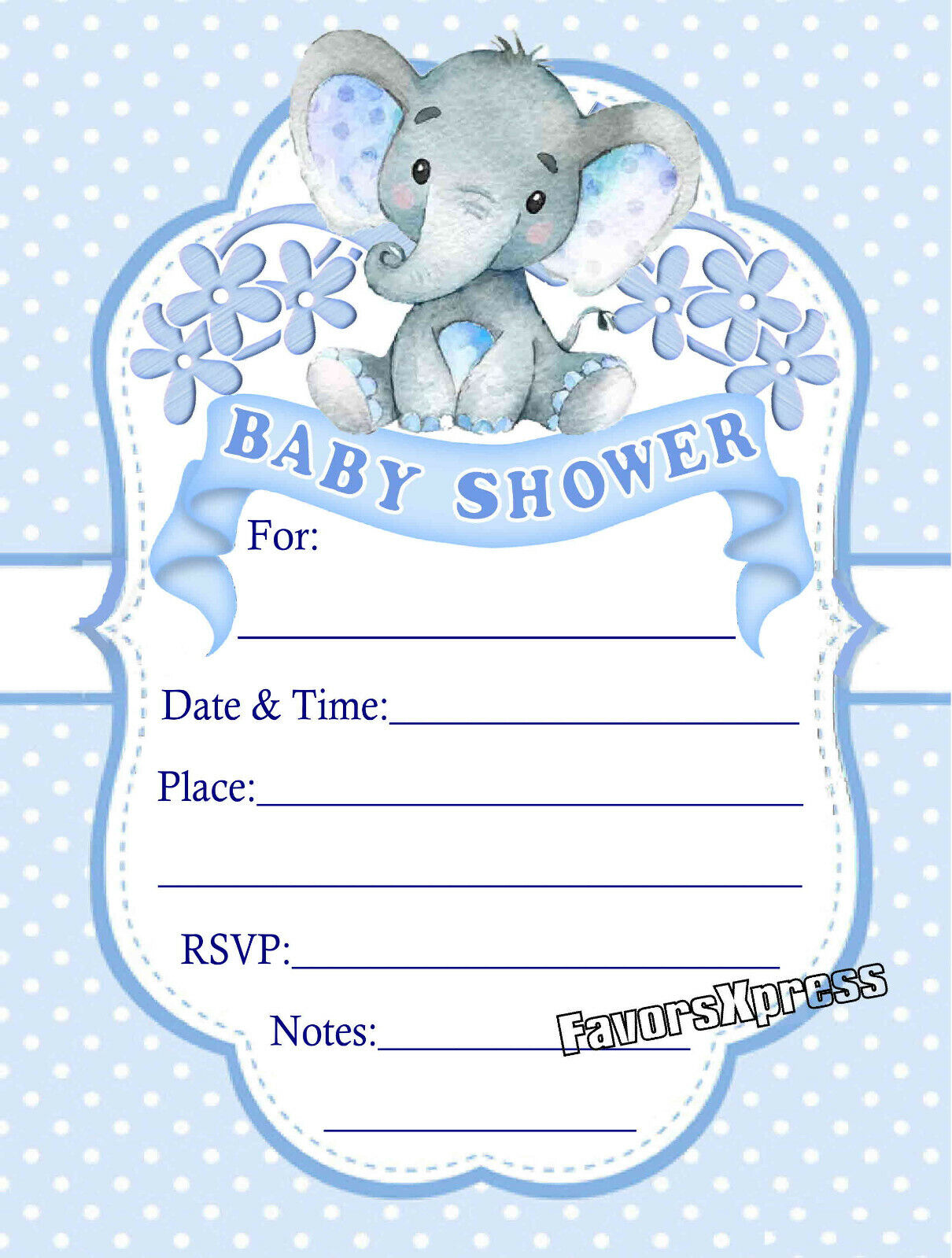 20 blue elephant baby shower invitations w/envelopes