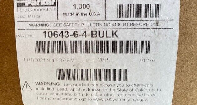10 Pack) Parker 10643-6-4 Fitting 1/4'' Hose X 3/8'' Female JIC 37