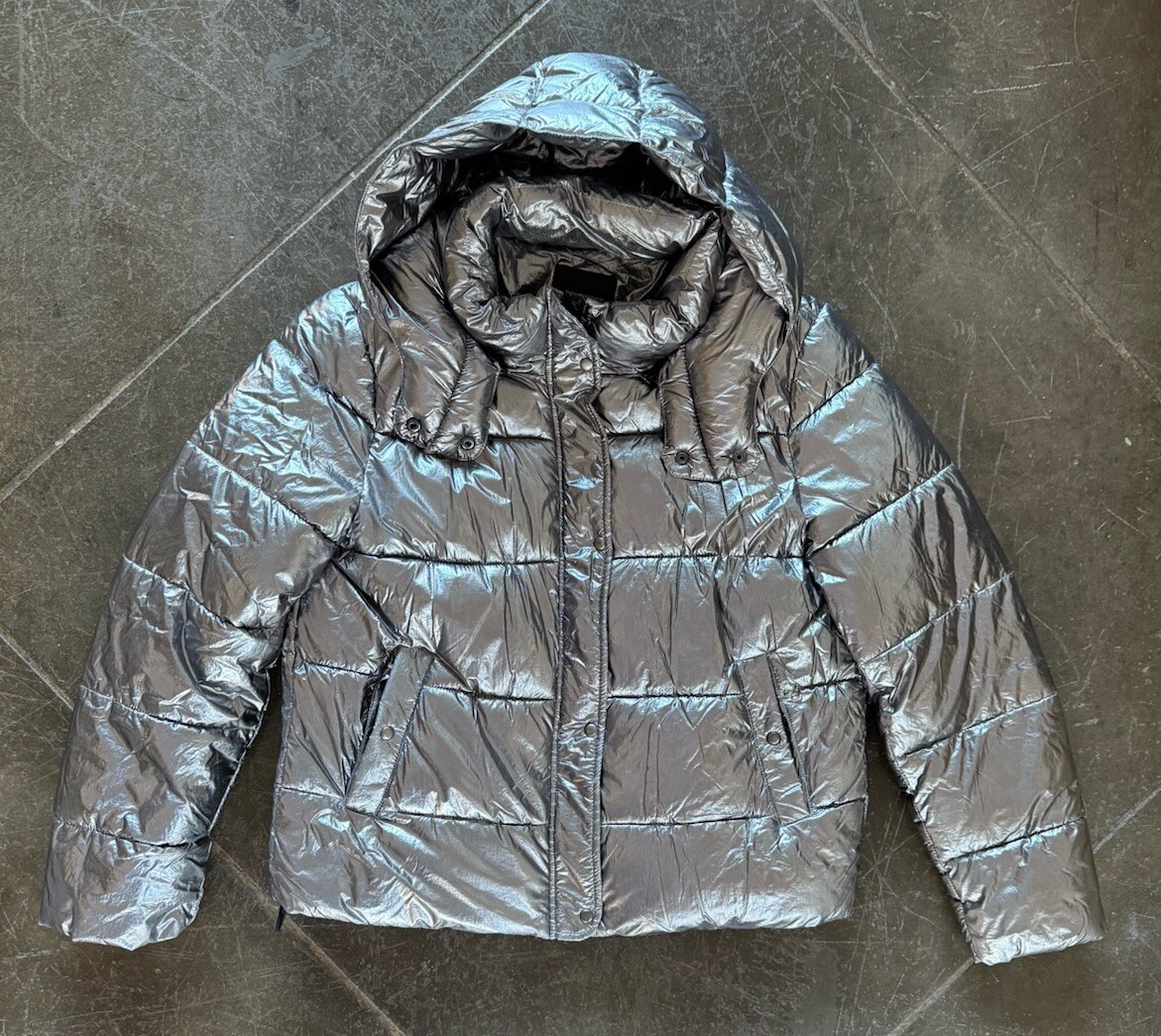 Women's Silver Metallic ZARA Short Puffer Coat Size M