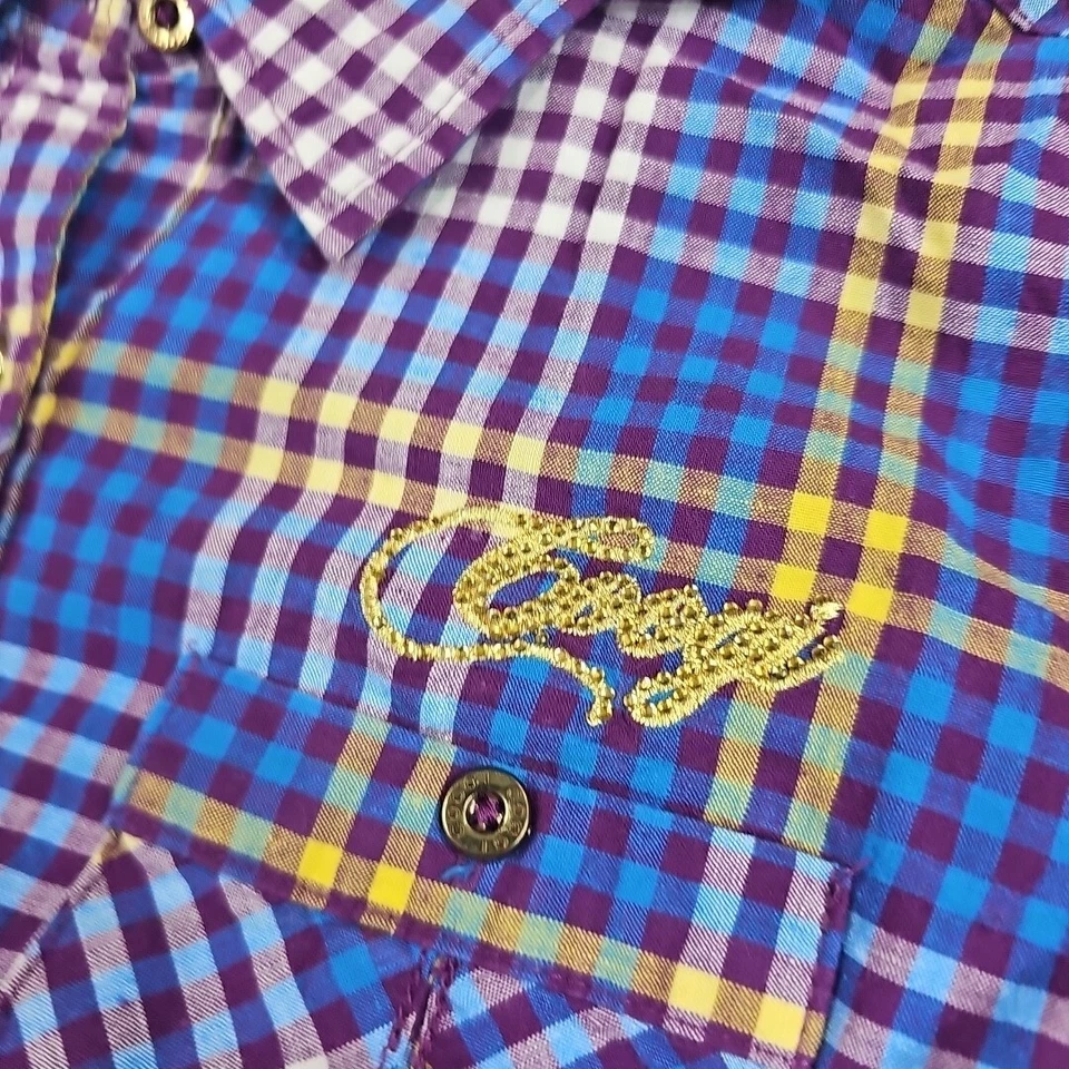 Camisa Coogi Abotonada Niñas Jóvenes 1X Púrpura Dorado Cuadros Manga Larga  Foto 3 de 4