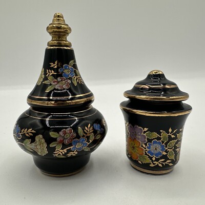 Vintage Vogue Solid Perfume Ceramic Container Parfum Flowers Black Gold Set