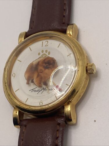 Tracy Morgan Pomeranian Dog Watch Women 35mm Gold Tone Brown Band New Battery