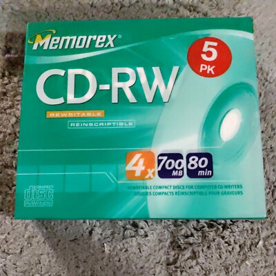  NEW Memorex CD-RW Rewritable 5 Pack 4x 700MB 80 Minutes with Slim Jewel Cases