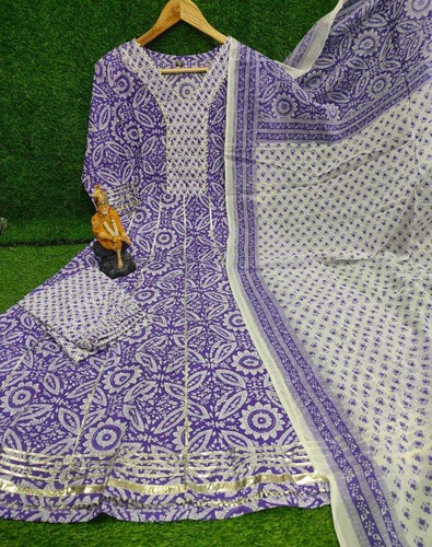 Indian Bollywood Women Floral cotton Anarkali Kurta with paint with dupatta set - Picture 5 of 9