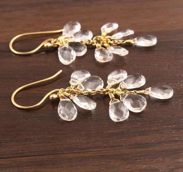 Alternate view of Chalcedony Agate Clear Quartz Yellow Gold Plated Drop Dangle Grapes Earrings