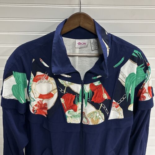 Tan Jay Vintage 80s Navy Blue Nautical Floral Jacket Windbreaker Womens Sz L - Picture 2 of 11