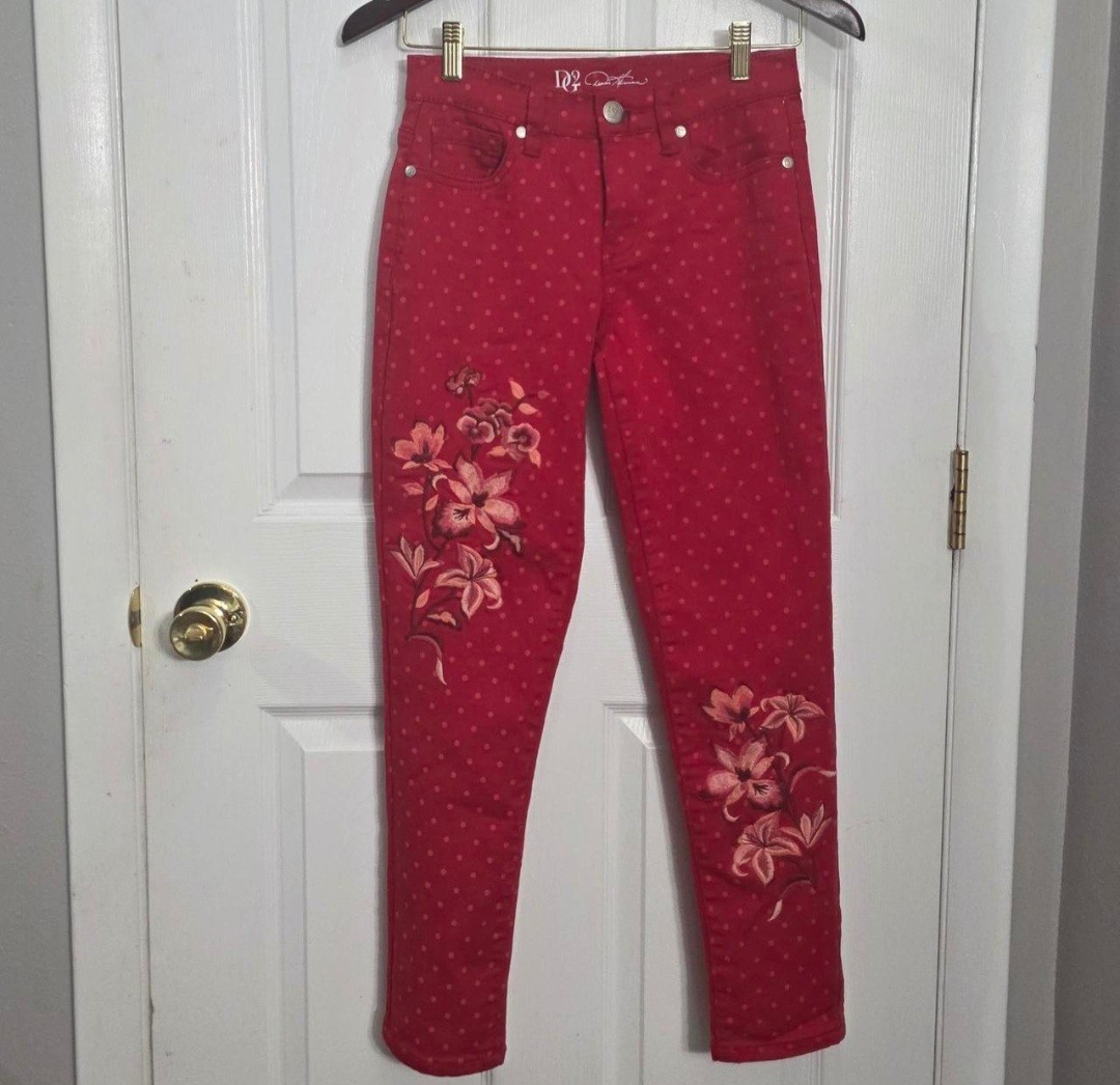 DG2 Diane Gilman Red Floral Embroidered Polka Dot Skinny Jeans Pants 2P 2 Petite