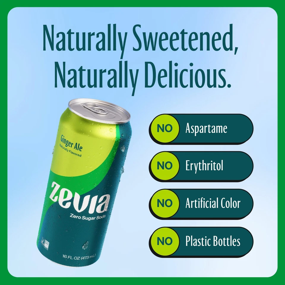 Zevia Zero Sugar Soda, Ginger Ale, 16 oz Cans 12-Pack – Naturally Sweetened, ... - Image 3 of 4