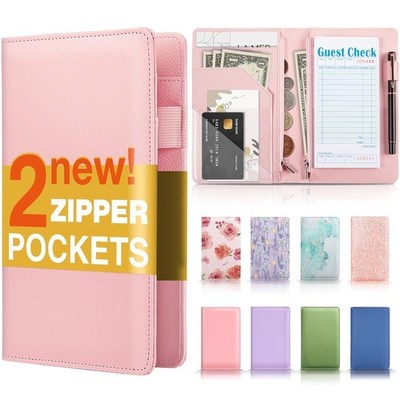 Server Book with 2 Zipper Pockets, Leather Server Books for Waitress, Waiter