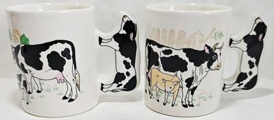 Set Of 2 Vintage Holstein Cow Coffee Mugs with 3D Cow-Shaped Handle & Farm Scene