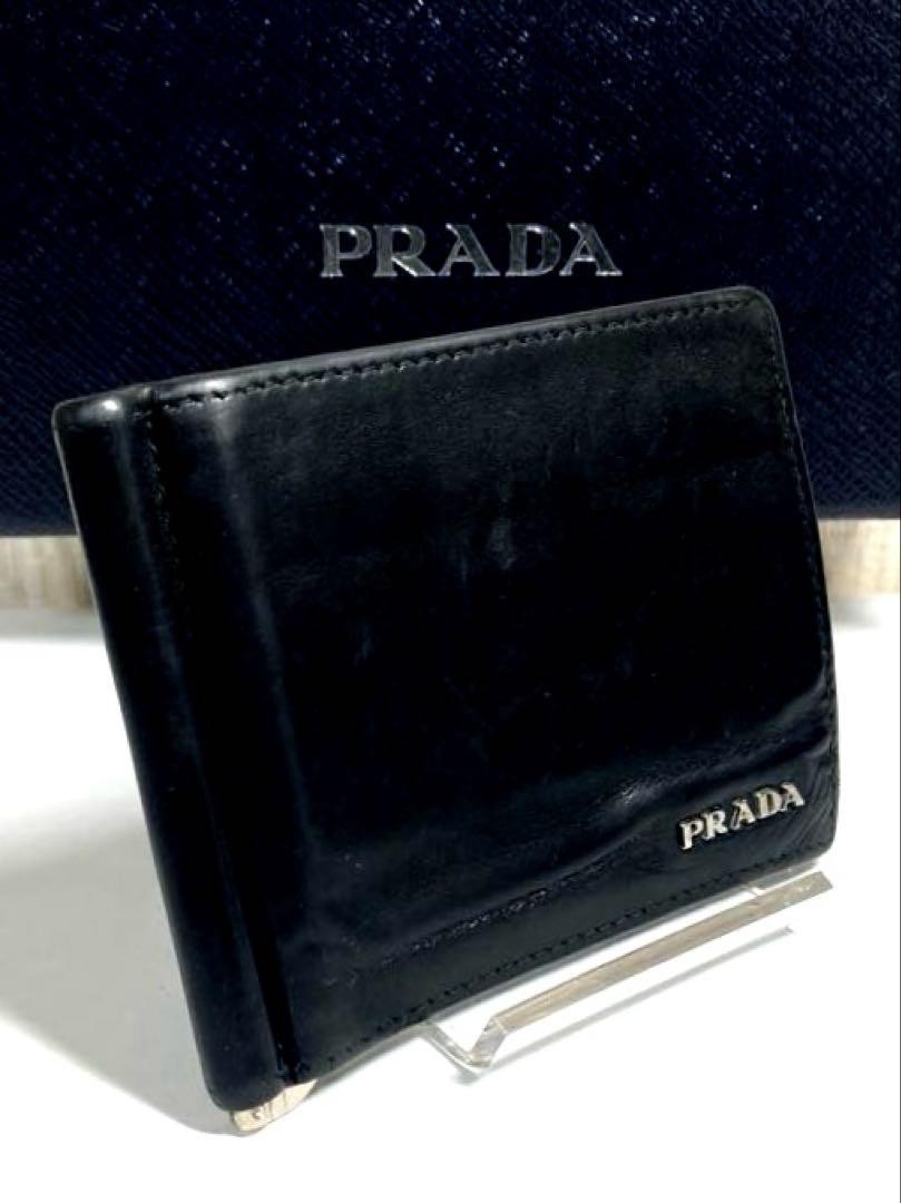 Prada Saffiano Leather Black Logo Money Clip Bifold Wallet Card Case 10.5x8cm-image