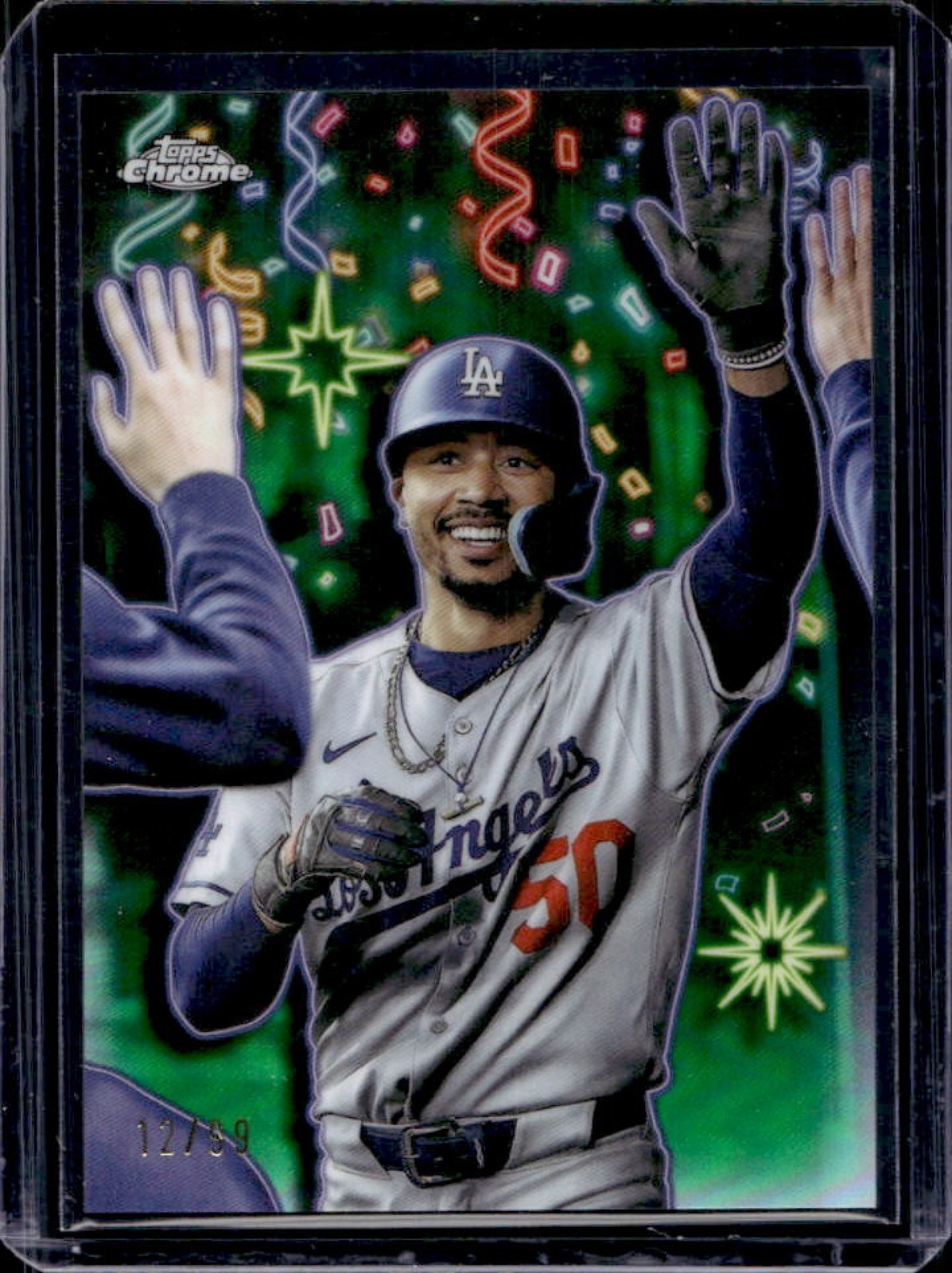2025 Topps Chrome Update Mookie Betts Celebracion Green Refractor #12/99 Dodgers