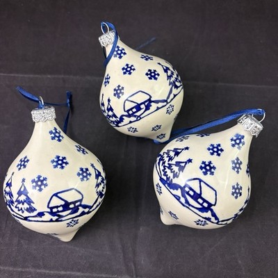 3x Wiza Boleslawiec Polish Pottery Handmade Snowflakes Trees Teardrop Ornament