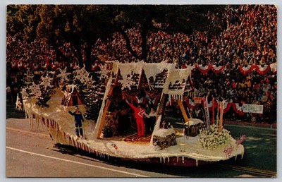 Postcard 1979 Rose Parade Float High Adventure Chalet Winter Sports Celebration
