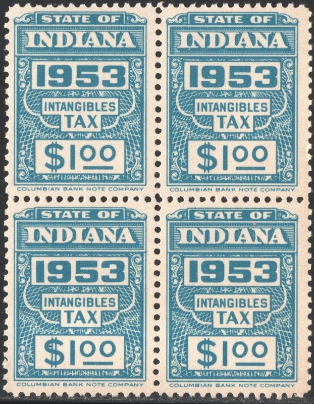 SRS IN D178 $1.00 Indiana Intangible Tax Revenue Block of Four (1953) MNH