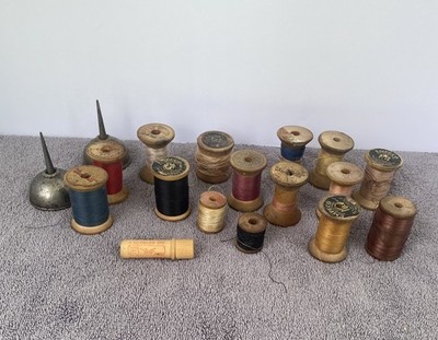 Antique Wooden Thread Spool Collection Oil Cans Needle Case Primitive Grannycore