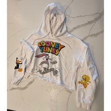 Looney Tunes Bugs Bunny Cropped Hoodie White Graphic Sweatshirt Large Daffy Duck