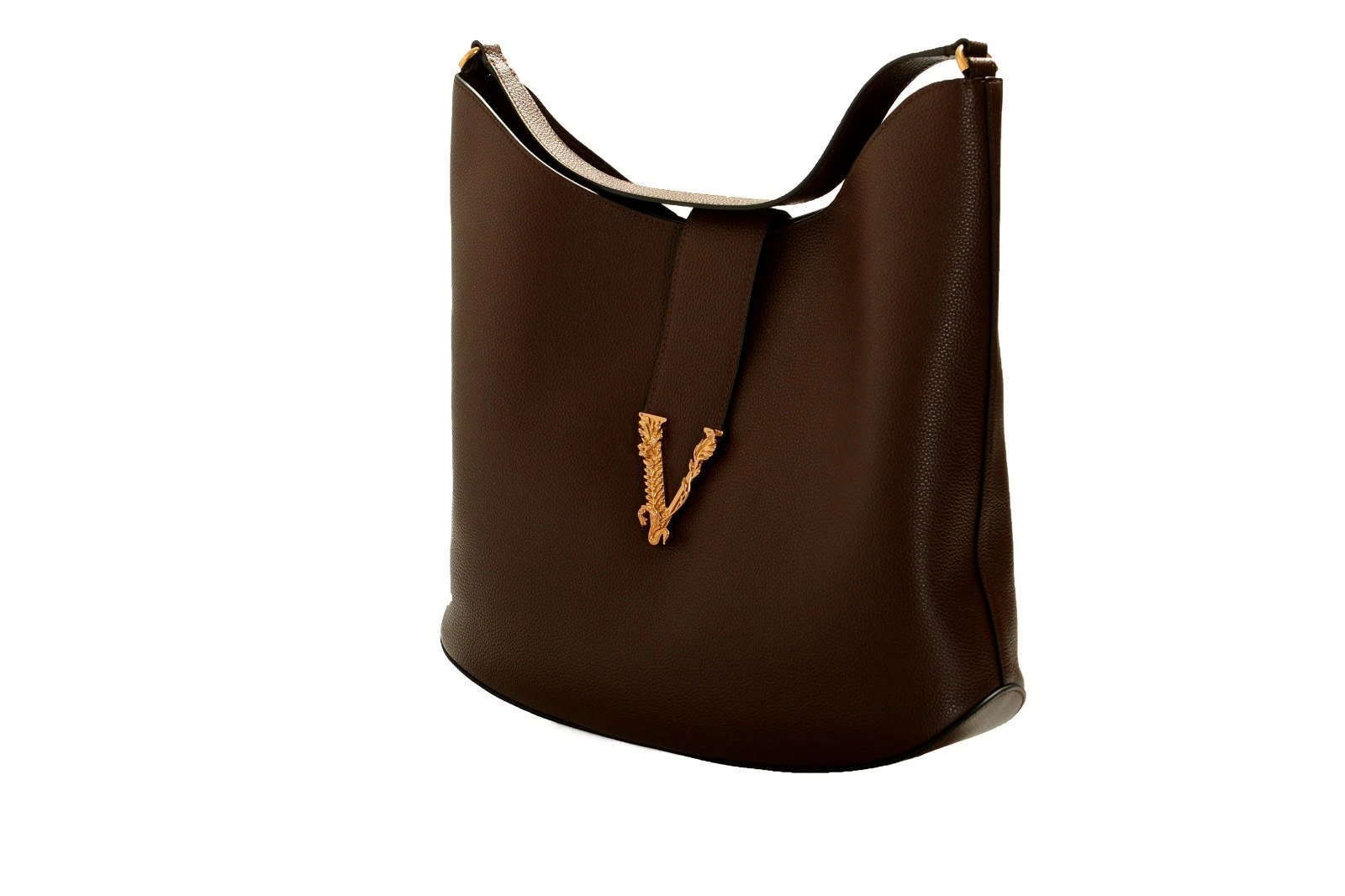 Versace Women's Brown 100% Grainy Leather V-Logo Hobo Handbag Shoulder Bag