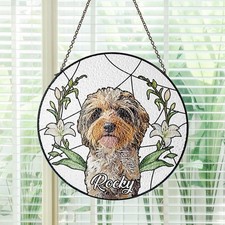 Custom Pet Memorial Suncatcher with Floral Wreath, Pet Portrait Stained Glass