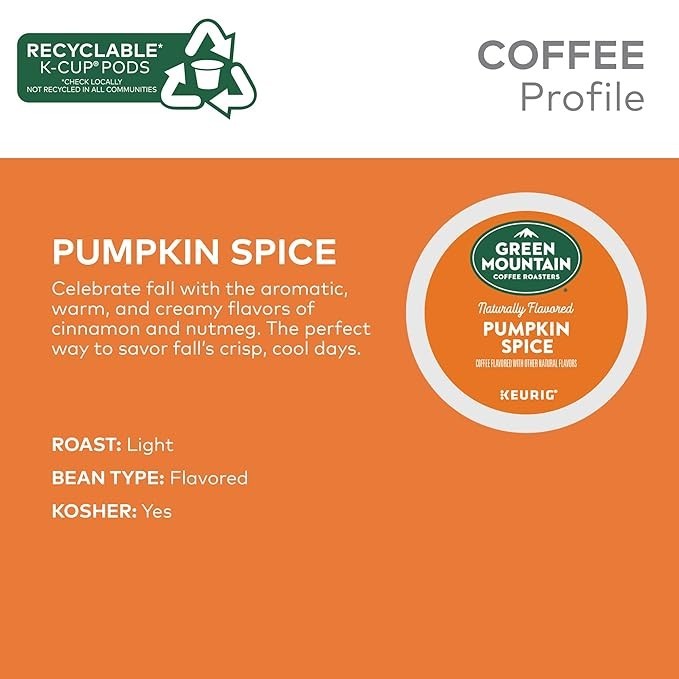 Green Mountain Pumpkin Spice Coffee, Keurig K-Cup Pods, Light Roast, 96 Ct.